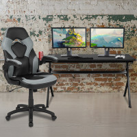 Flash Furniture BLN-X10D1904L-GY-GG Gaming Desk and Gray/Black Racing Chair Set /Cup Holder/Headphone Hook/Removable Mouse Pad Top - 2 Wire Management Holes